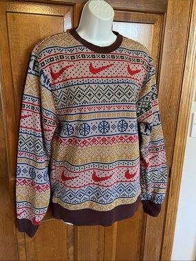 Nike Sweatshirt Mens Small Multicolor Fair Isle Holiday Swoosh Pullover Sweater